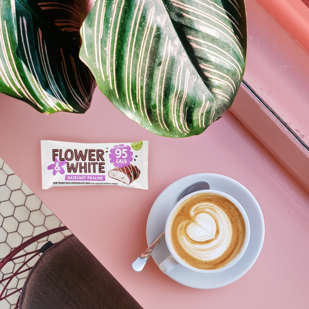 Low Calorie Chocolate Bars - flower and White Hazelnut Praline Meringue Chocolate Bar