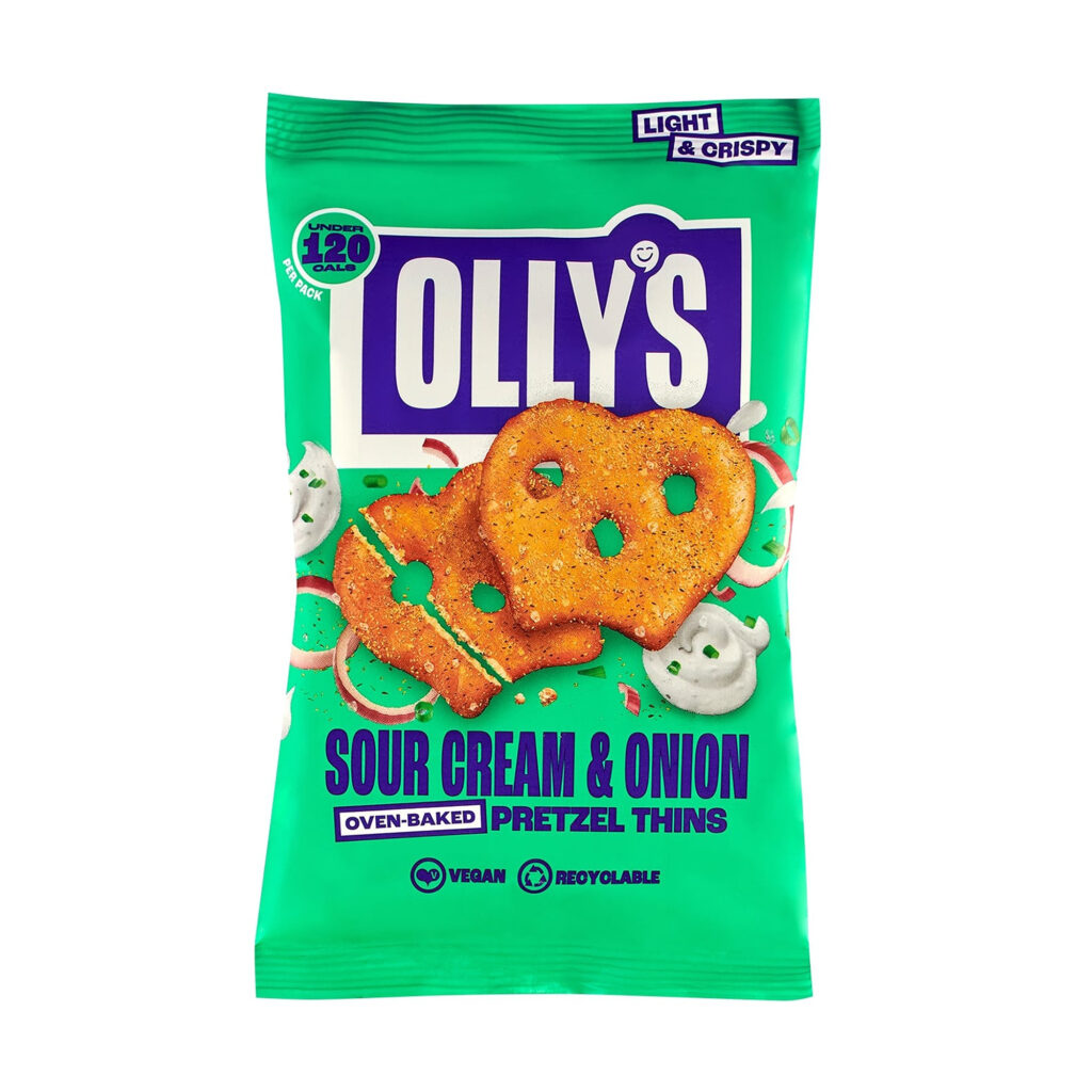 healthy alternative to regular crisps - ollys pretzel thins sour cream and chive flavour