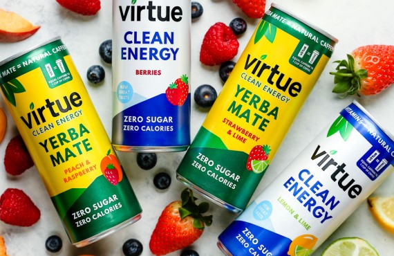 Immunity-Boosting Drinks and Snacks blog image 2 - Virtue Clean Energy drink brand surrounded by fruit