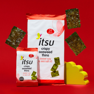 Itsu seaweed thins on a red background