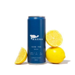 A can of marna iced tea with chopped lemons around it