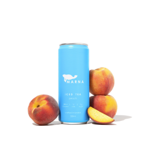 A can of Marna with chopped peaches around it